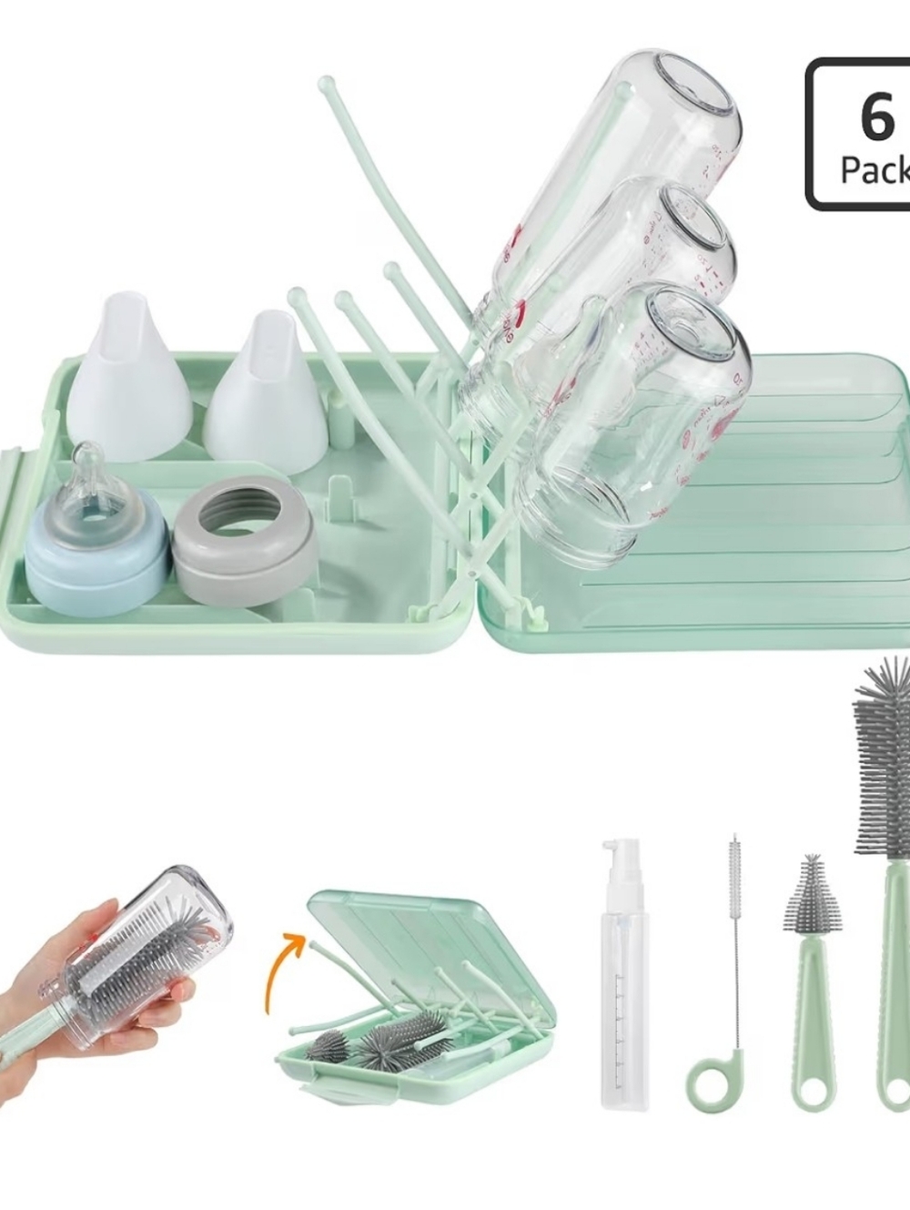 Compact Six Piece Mint Green Travel Bottle Drying Rack with Accessories